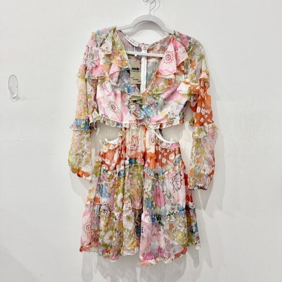 D'elle Collection Floral 3/4 Sleeve Cut Out Ruffle Mini Dress Multi Women's M - Picture 1 of 4